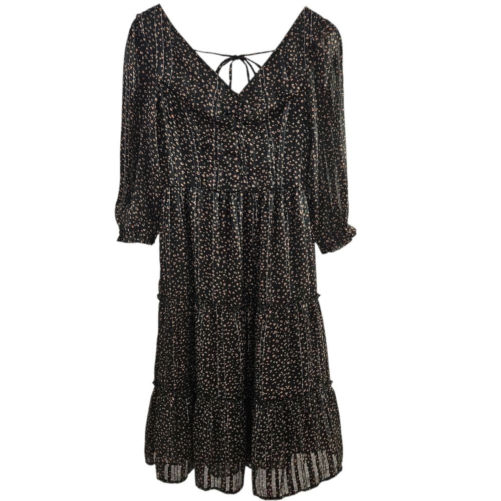 Japan Women's V-neck Elegant Black Printed Midi  Dress